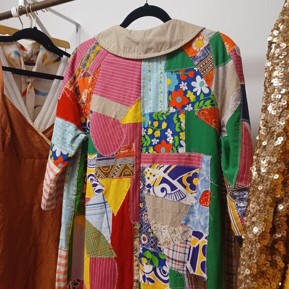 Whimsical Vintage 70s Patchwork Long Jacket XL - Picture 8 of 16
